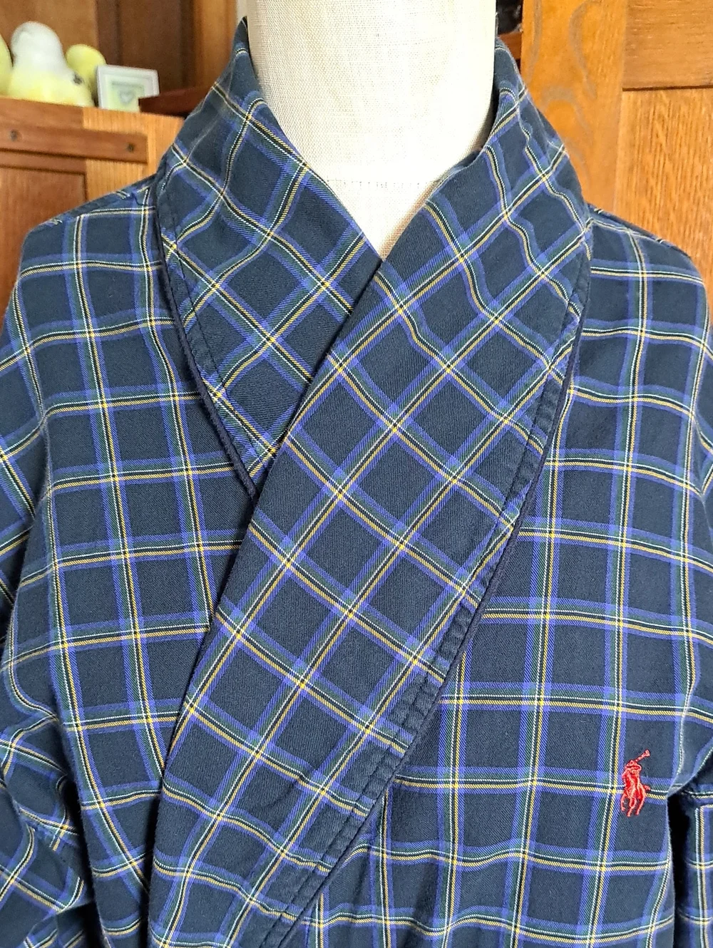 Vintage Polo Ralph Lauren Plaid Cotton Robe S/M Blue Green Sleepwear